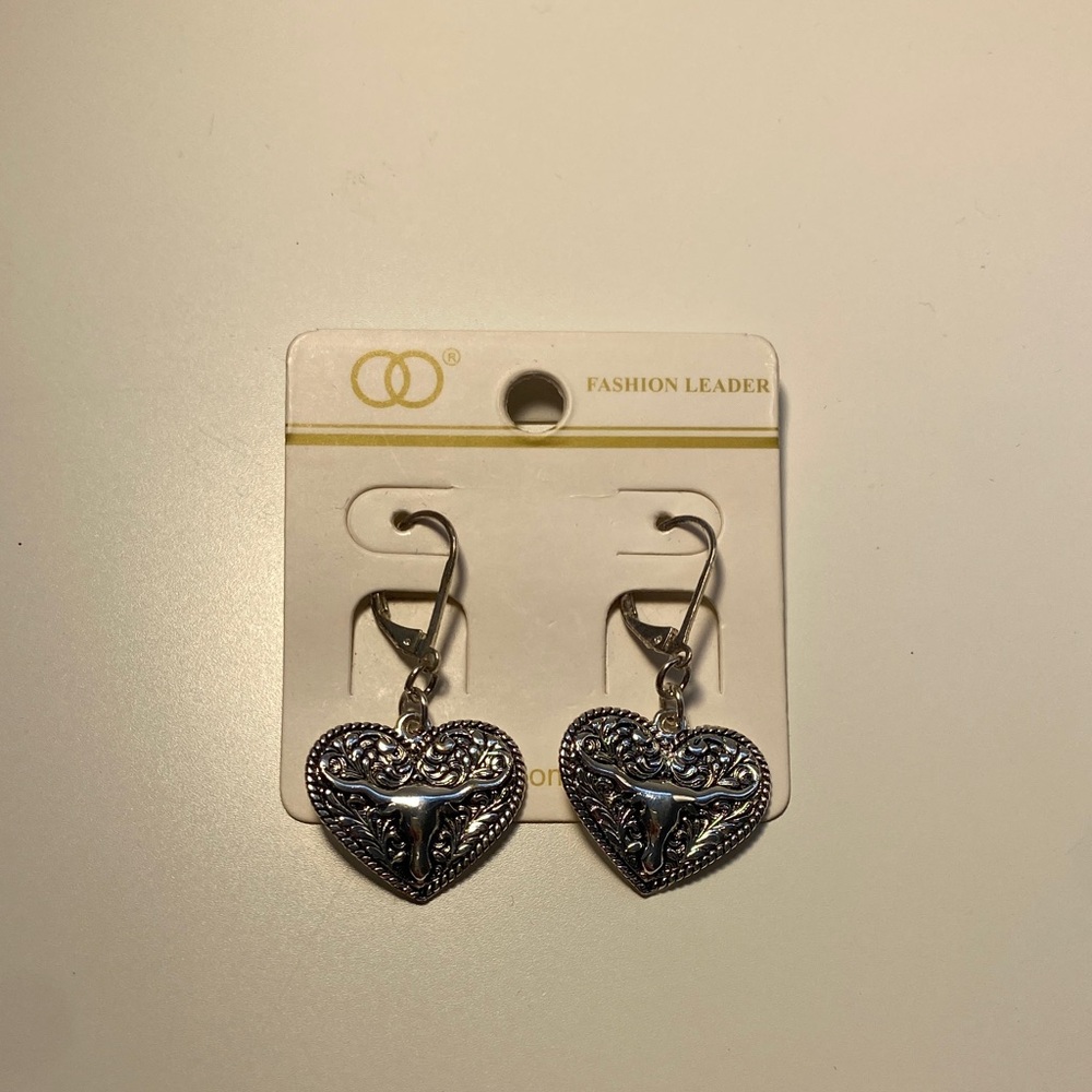 Silver Longhorn Heart Earrings
